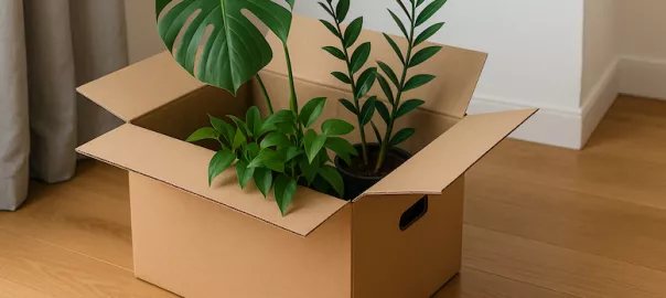 "Flyttkartong fylld med gröna krukväxter redo för transport – symboliserar varsam flytt av blommor och växter till nytt hem"